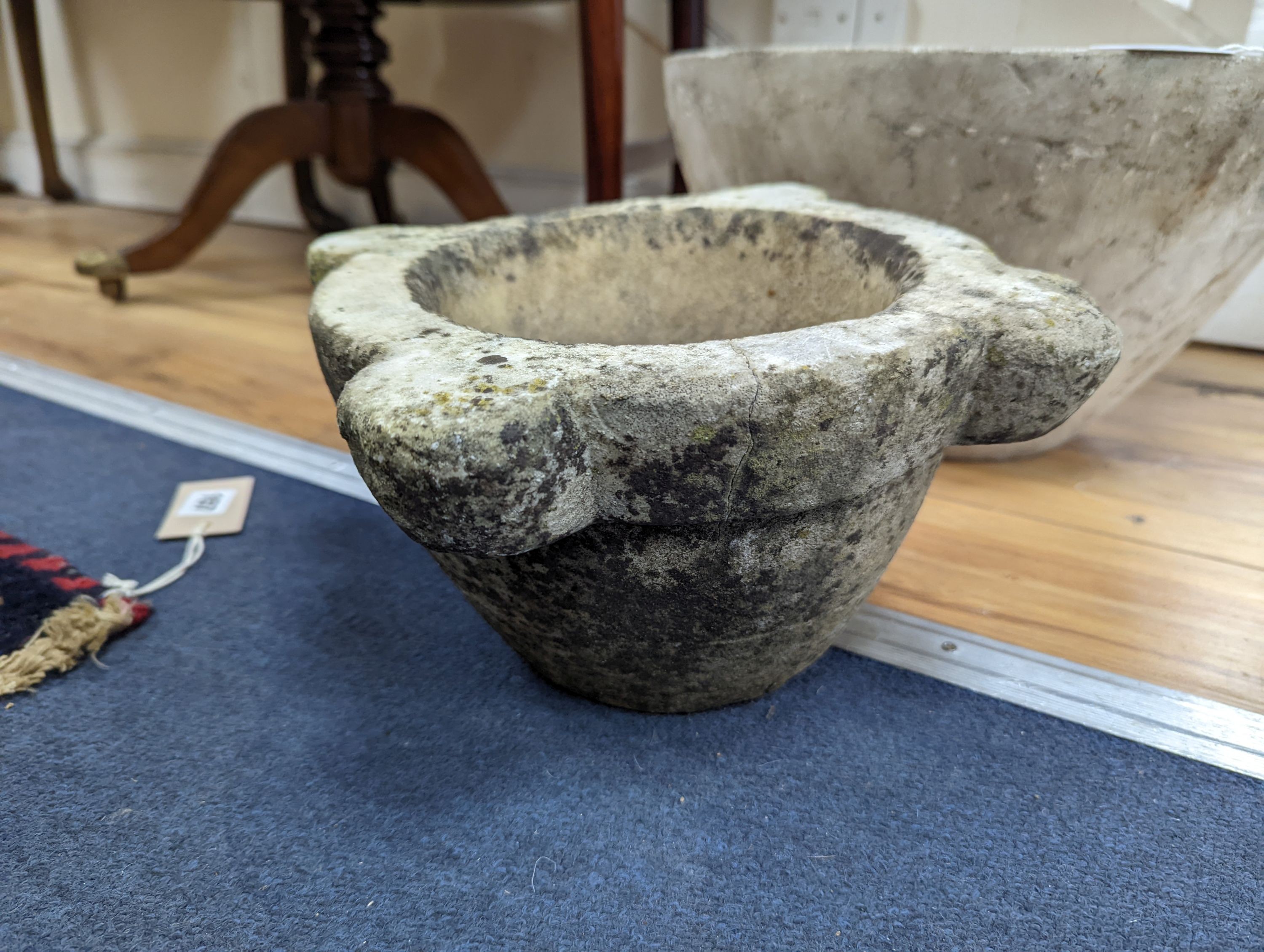 A large marble bowl and a marble mortar, larger diameter 38cm, height 21cm